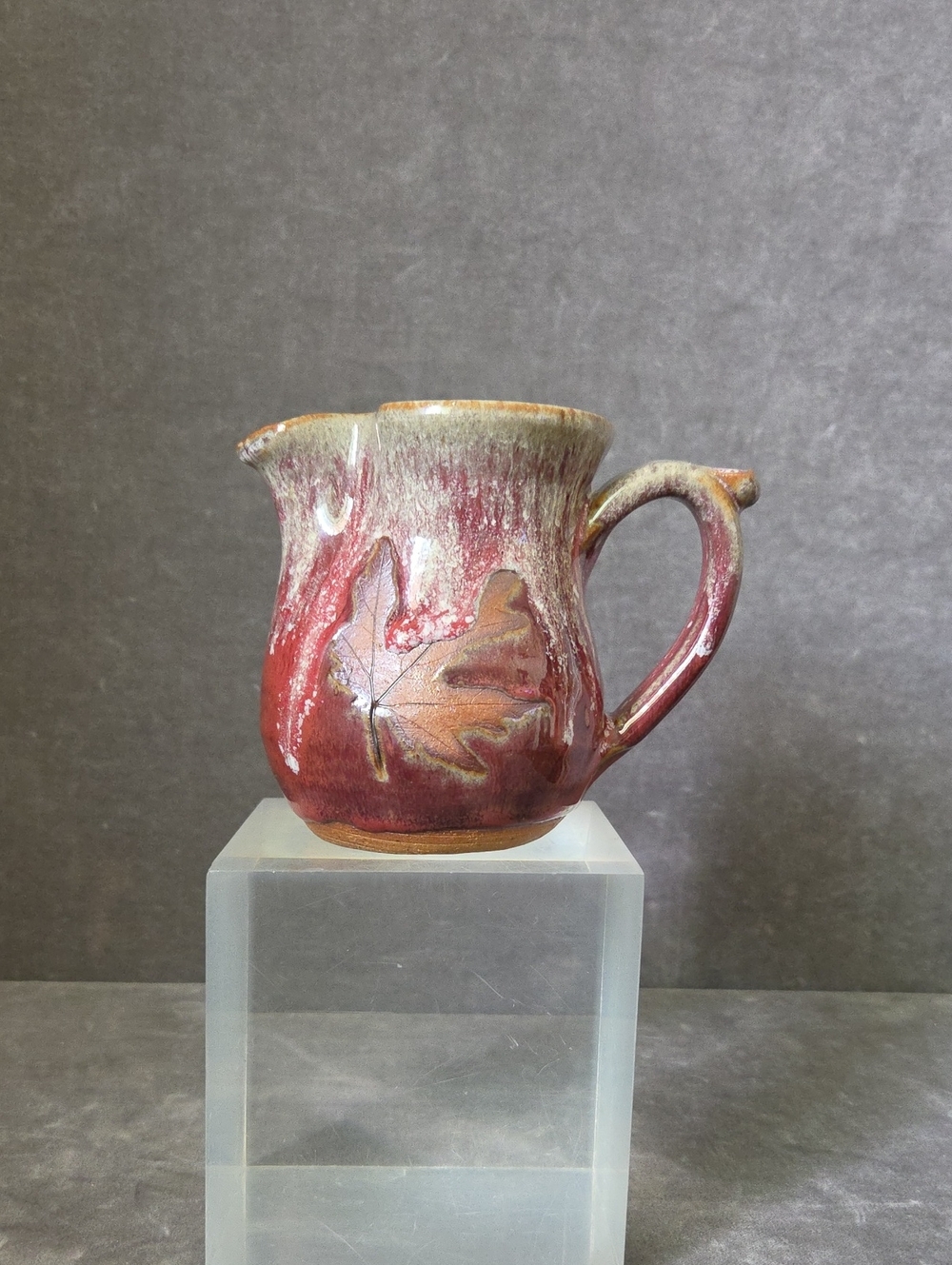 Rustic Red Ceramic Pitcher with Leaf Relief Dated 2009
